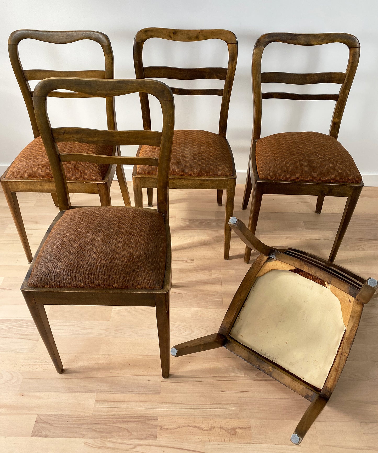 Krzesło drewniane tapicerowane Art Deco | lata 30 XX vintage | 5 sztuk